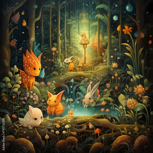 Whimsical creatures in a magical forest. 
