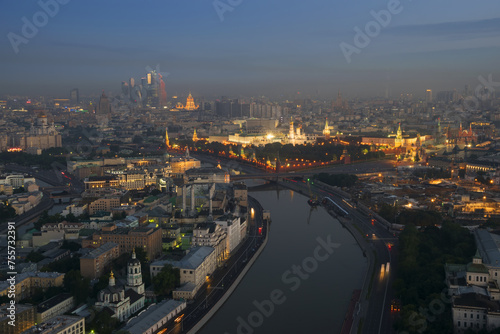 Big Moskvoretsky Bridge, Kremlin with illumination in Moscow, Russia, view from Stalin skyscraper on Kotelnicheskaya quay