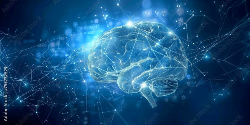 Blue abstract brain quantum computer circuit board with blue glows machine learning artificial intelligence ai blockchain technology background. Blue abstract brain quantum computer circuit board with blue glows machine learning artificial intelligence ai blockchain technology background.