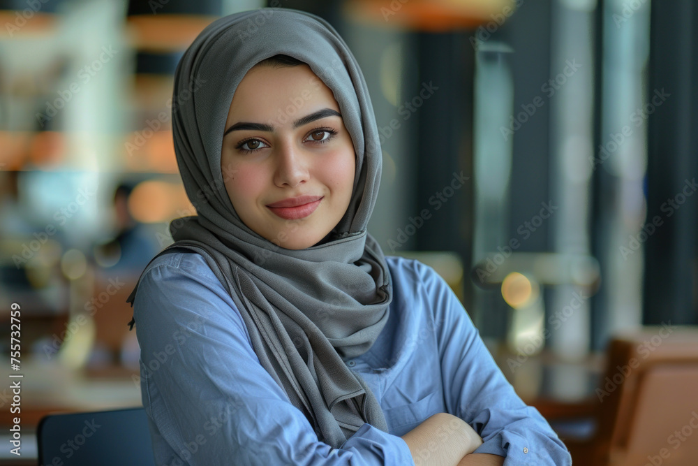 Arab businesswoman in blue formal shirt, arms crossed in meeting room Arab businesswoman in blue formal shirt, arms crossed in meeting room