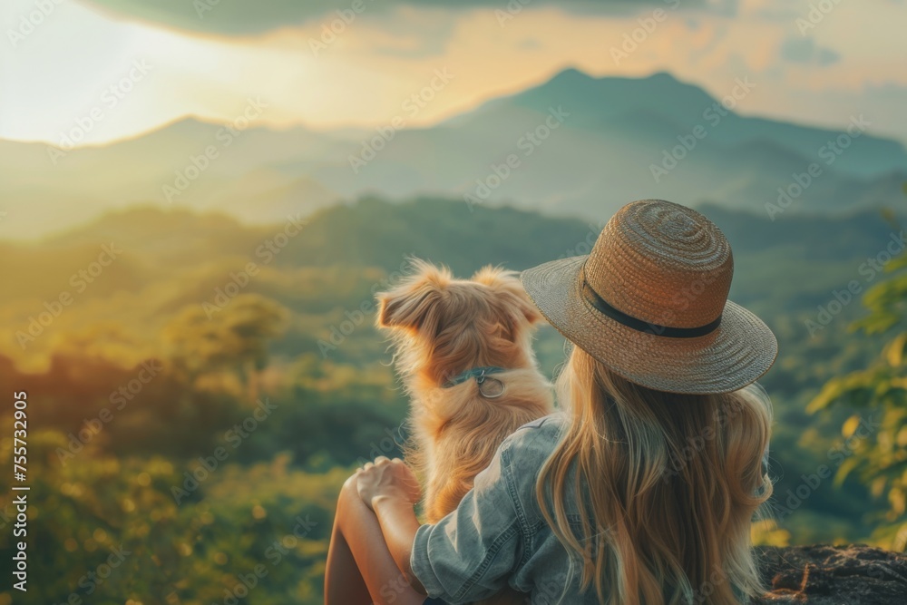 mountain view background and back side of tourist woman. she's traveling with dog. they are best friend. she's holding a dog at view point at mountain. morning light and bokeh. - obrazy, fototapety, plakaty 