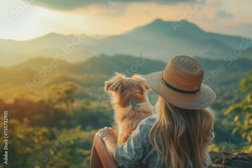 mountain view background and back side of tourist woman. she's traveling with dog. they are best friend. she's holding a dog at view point at mountain. morning light and bokeh.