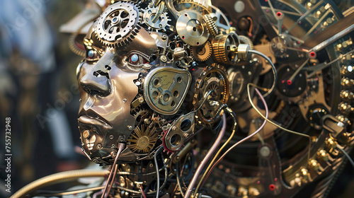 A humanoid clockwork figure intricately adorned with gears and wires