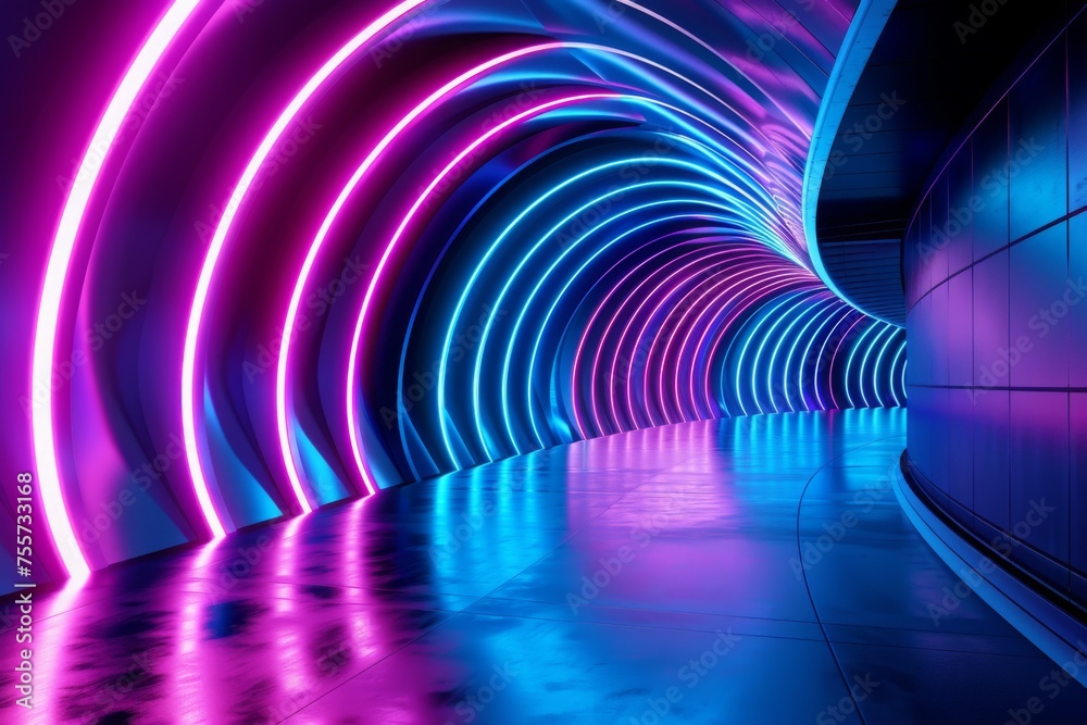 Cyberpunk reverie: Sci-fi inspired abstract with mesmerizing blue and purple neon light shapes on a black background and reflective concrete. with room for text Cyberpunk reverie: Sci-fi inspired abstract with mesmerizing blue and purple neon light shapes on a black background and reflective concrete. with room for text