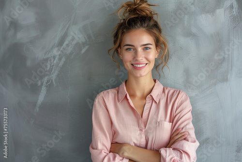 Confident Professional Businesswoman Smiling Young Executive in Pink Shirt, Standing with Arms Crossed
