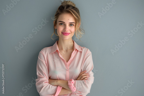 Confident Professional Businesswoman Smiling Young Executive in Pink Shirt, Standing with Arms Crossed