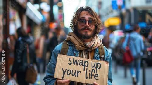 A cool young bearded man holding a cardboard "Swap Up Your Life" © anatoliycherkas