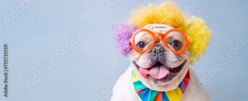 playful dog in colorful wig and joker outfit dress for April fool day