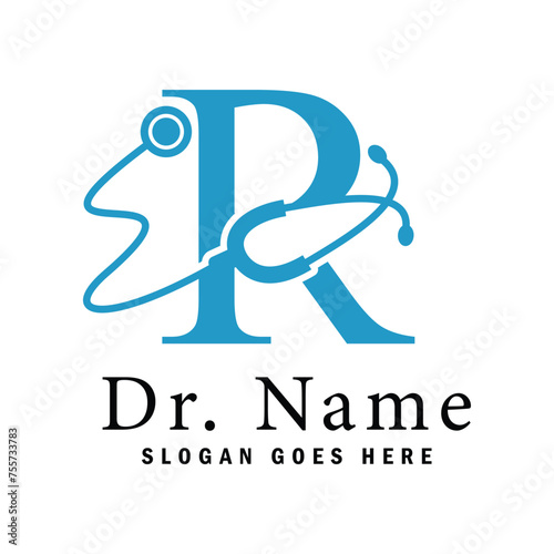 Letter R Stethoscope Logo. Alphabet R Doctor Business Icon