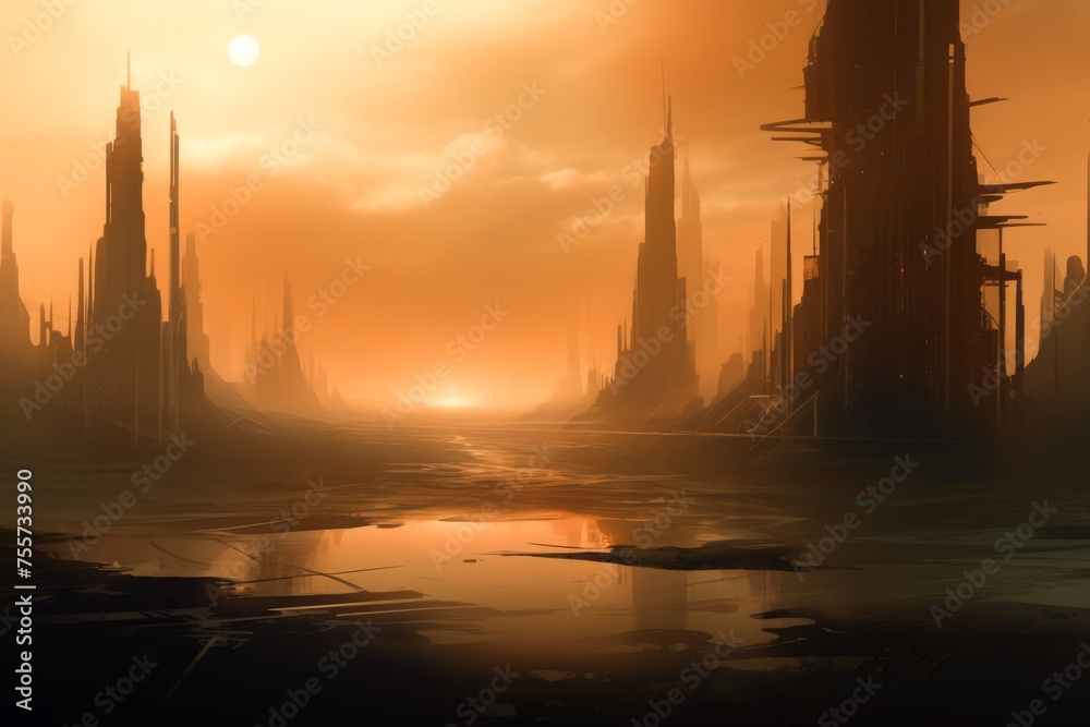 A futuristic cityscape on a distant planet towering skyscrapers reaching for the starsretrofuturism digital painting dreamy glow - obrazy, fototapety, plakaty 