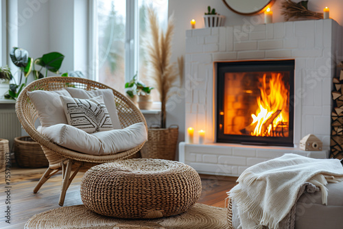 Scandinavian Living Room Rattan Lounge Chair, Wicker Pouf, and White Sofa by Fireplace