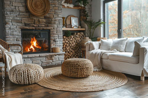 Scandinavian Living Room Rattan Lounge Chair, Wicker Pouf, and White Sofa by Fireplace