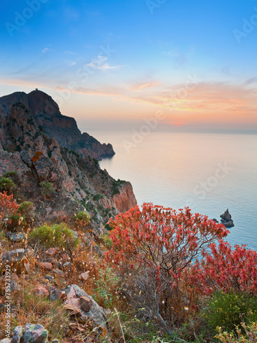 Frankreich, Korsika, Capu Rossu, Küste, Sonnenuntergang photo