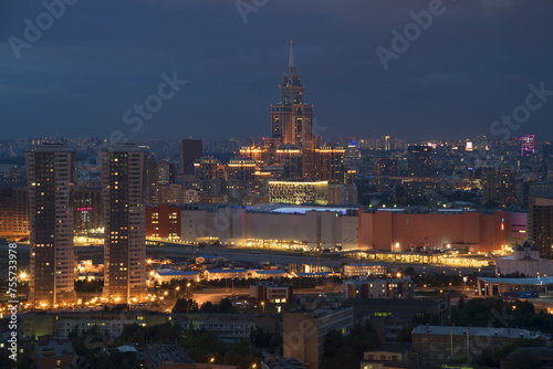 Residential buildings  skyscrapers and roofs at summer night in Moscow  Russia