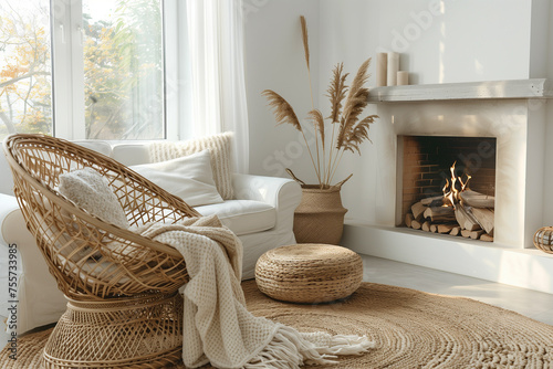 Scandinavian Living Room Rattan Lounge Chair, Wicker Pouf, and White Sofa by Fireplace