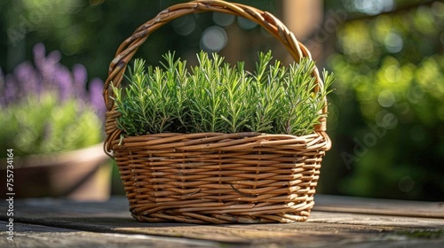 rosemary plants  placed neatly in a handwoven basket