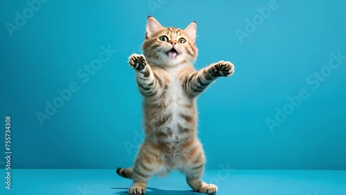 A kitten stands on its hind legs on a blue background photo