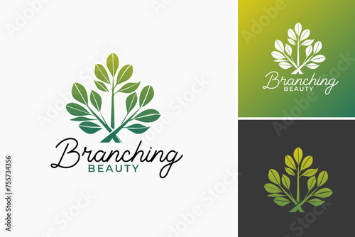 Branching Beauty Leaf logo: Elegant leaves branching out, symbolizing growth and natural beauty. Perfect for beauty spas or botanical skincare brands.