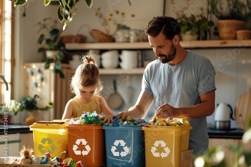 A father and daughter sort garbage into colored containers with a recycling symbol at home in the kitchen