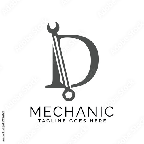 letter D logo with wrench. Alphabet D Spanner Icon design