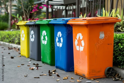 Four color trash cans or garbage bin in the street beside the walk way