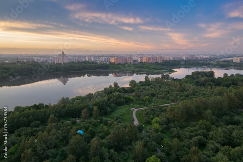 Lower Tsaritsyno pond and district Tsaritsyno during sunset in Moscow, Russia photo