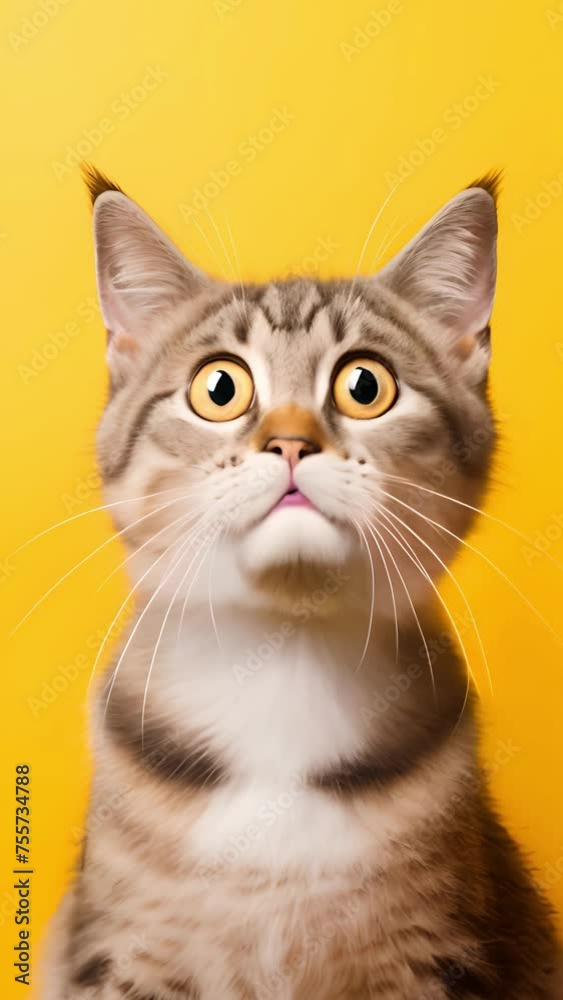 A very surprised kitten with wide open eyes and mouth on a yellow background A very surprised kitten with wide open eyes and mouth on a yellow background