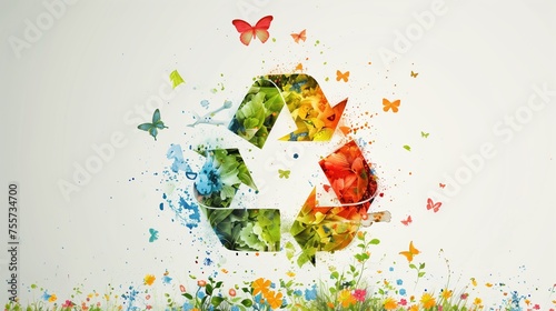 Illustration of a recycling symbol made of water, greenery and flowers isolated on a white background