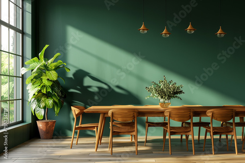 Scandinavian Mid-Century Dining Room Wooden Table and Chairs Against Green Wall