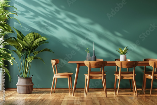 Scandinavian Mid-Century Dining Room Wooden Table and Chairs Against Green Wall