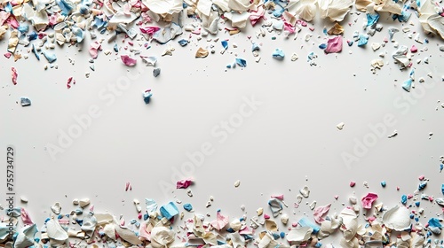 Pieces of colorful plastic and polyethylene on white background, flat lay and top view