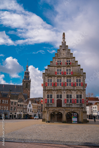 Gouda Town Hall on Market square, Netherlands on a sunny day. Stadhuis van Gouda a historical building in center of the city