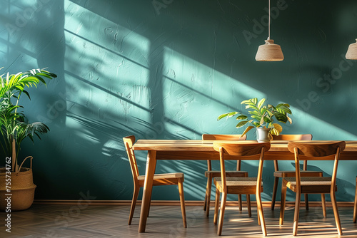 Scandinavian Mid-Century Dining Room Wooden Table and Chairs Against Green Wall