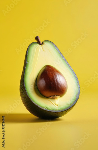 Half an avocado with a pit on a bright yellow background, minimalist style