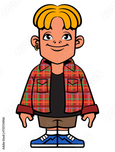 Cute blonde dreadlocks Boy cartoon characters wearing casual outfit like red flannel shirt, short pants, and sneakers. Best for sticker, logo, and mascot with fashion themes