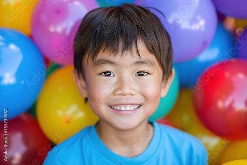 Asian boy in blue sweater smiling, background with colorful balloons