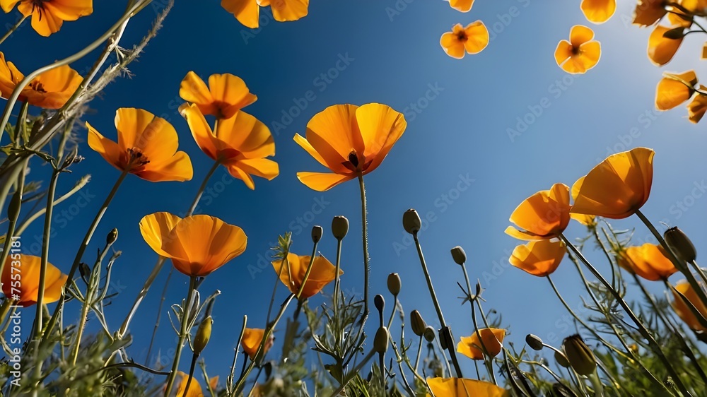 Obraz premium field of flowers, field of yellow poppies and flowers