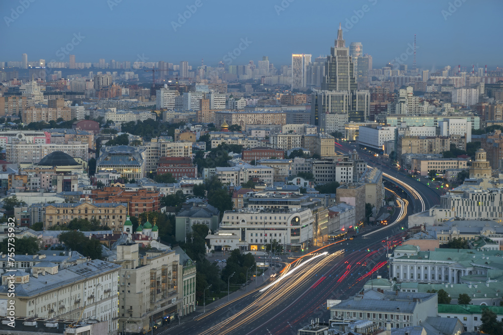 Residential buildings, roofs and Garden Ring road at summer morning in Moscow, Russia