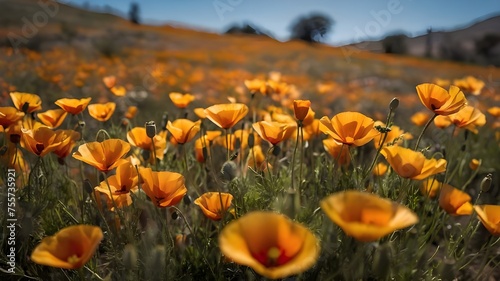 field of yellow flowers and poppies