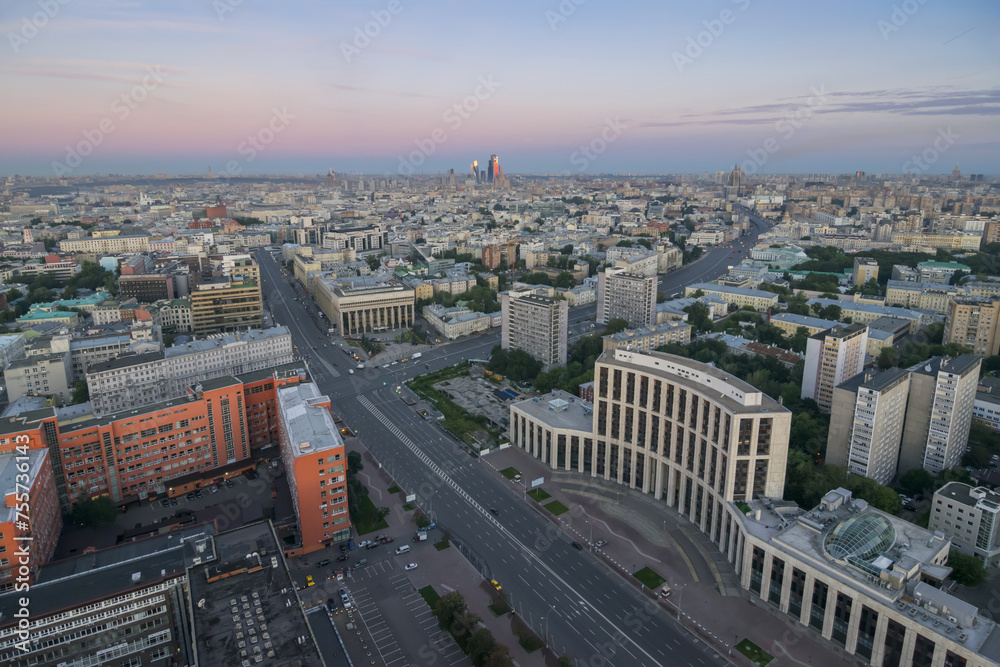 Obraz premium View from Business Center Domnikov to Sakharov avenue at morning in Moscow, Russia