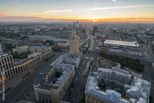 Stalin skyscraper on Komsomolskaya square during sunrise at morning in Moscow, Russia photo