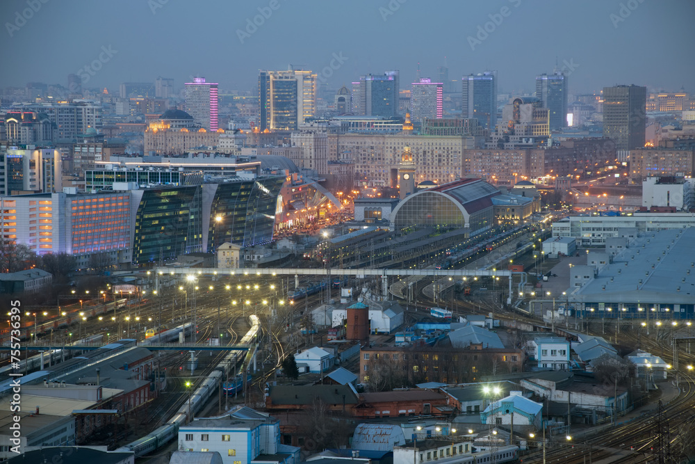 Kievsky railway station at night. Russian Railways is among three largest transport companies in world