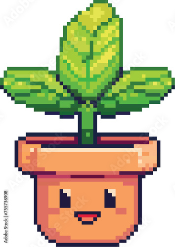 Pixel art of a happy kawaii plant in 8-bit style
