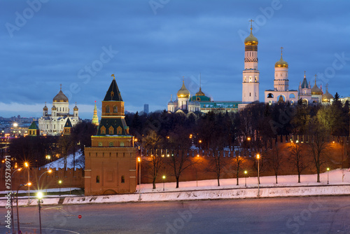 Fototapeta Naklejka Na Ścianę i Meble -  Bell tower of Ivan Great, Kremlin wall and Cathedral of Christ Saviour at evening in Moscow