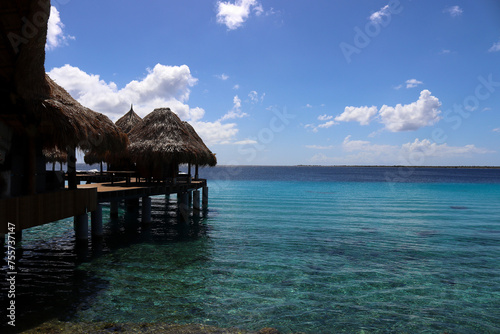 Caribbean vibes - Thatched huts on stilts in turquoise sea water  Bonaire Island  Caribbean Netherlands