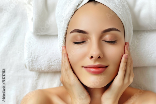 Beautiful woman s face in a spa salon. Cosmetic skin care procedures.