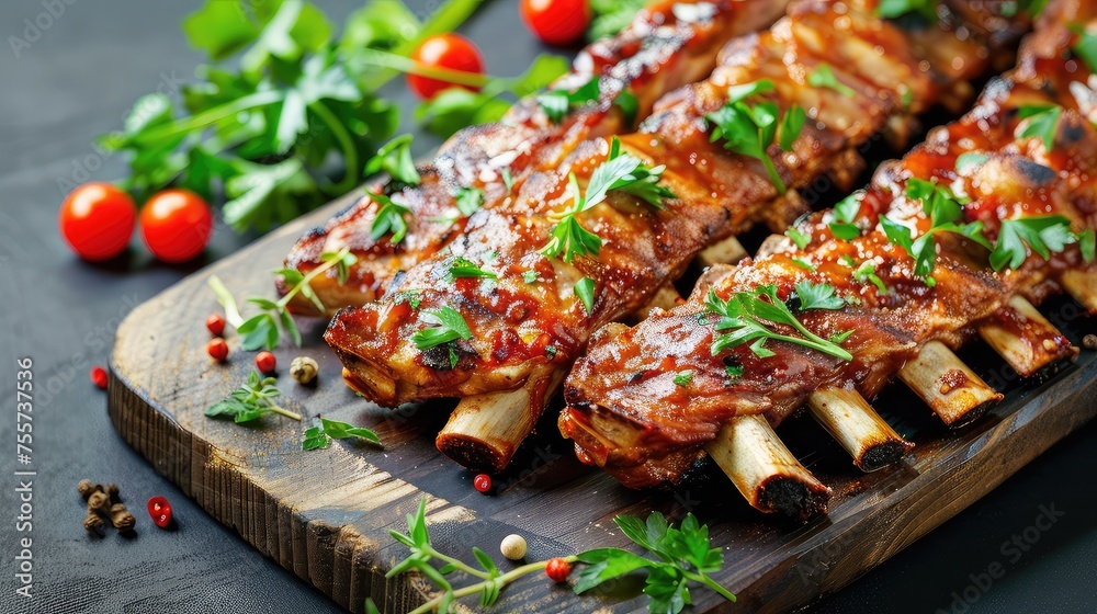 Grilled ribs on cutting board. Experience the magic of perfectly grilled ribs, tender and bursting with smoky flavor.