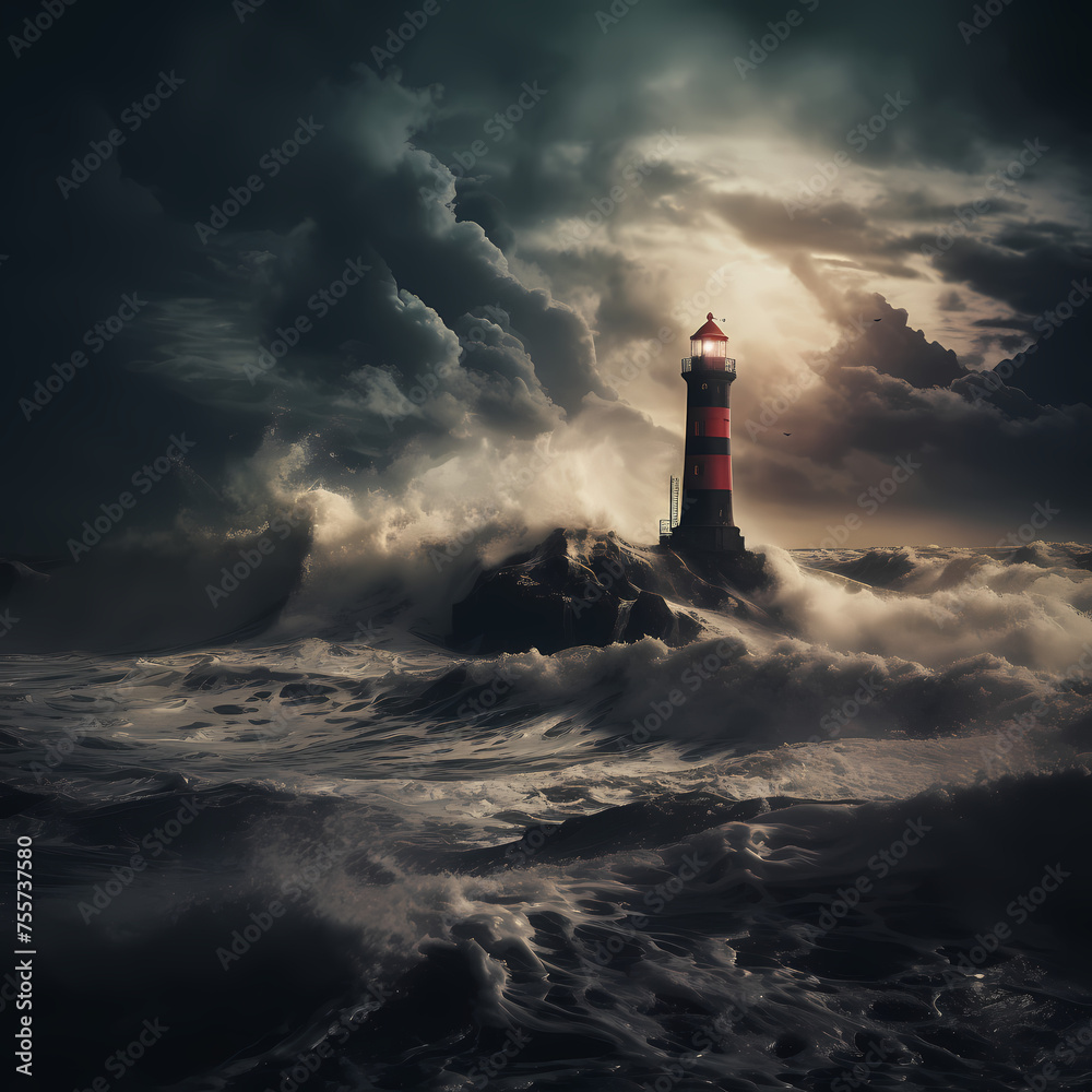 A coastal lighthouse during a stormy night.