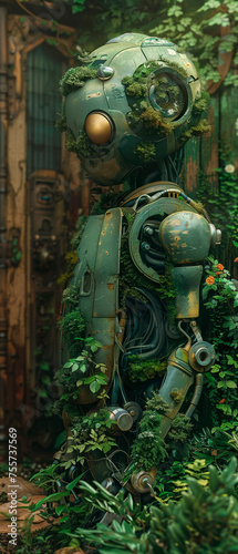 A robot with plant-covered panels watering a garden