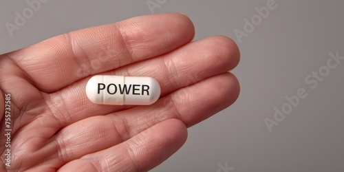 Generative AI, person is holding on the hand white pill with word Power, nutrition and healthcare concept